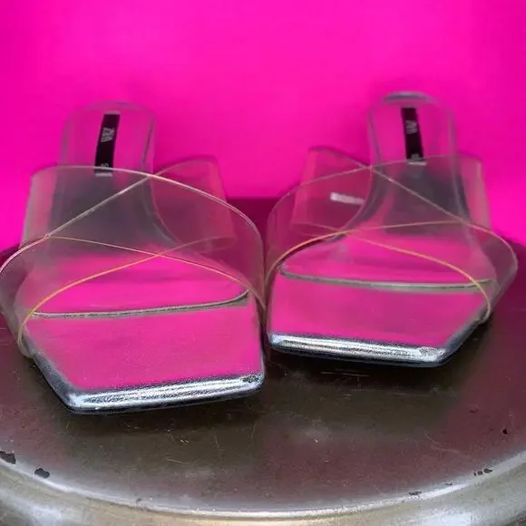 Zara Silver, Clear Crisscross Slip On Lucite Block Heel Sandal US 9 - Picture 7 of 7